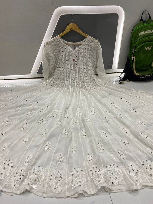 White Mirror work 56 kali Anarkali Kurta with lining