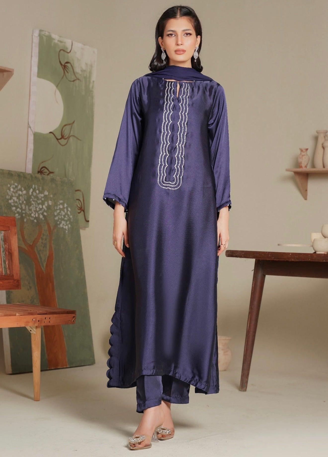 Purple long soft silk suit