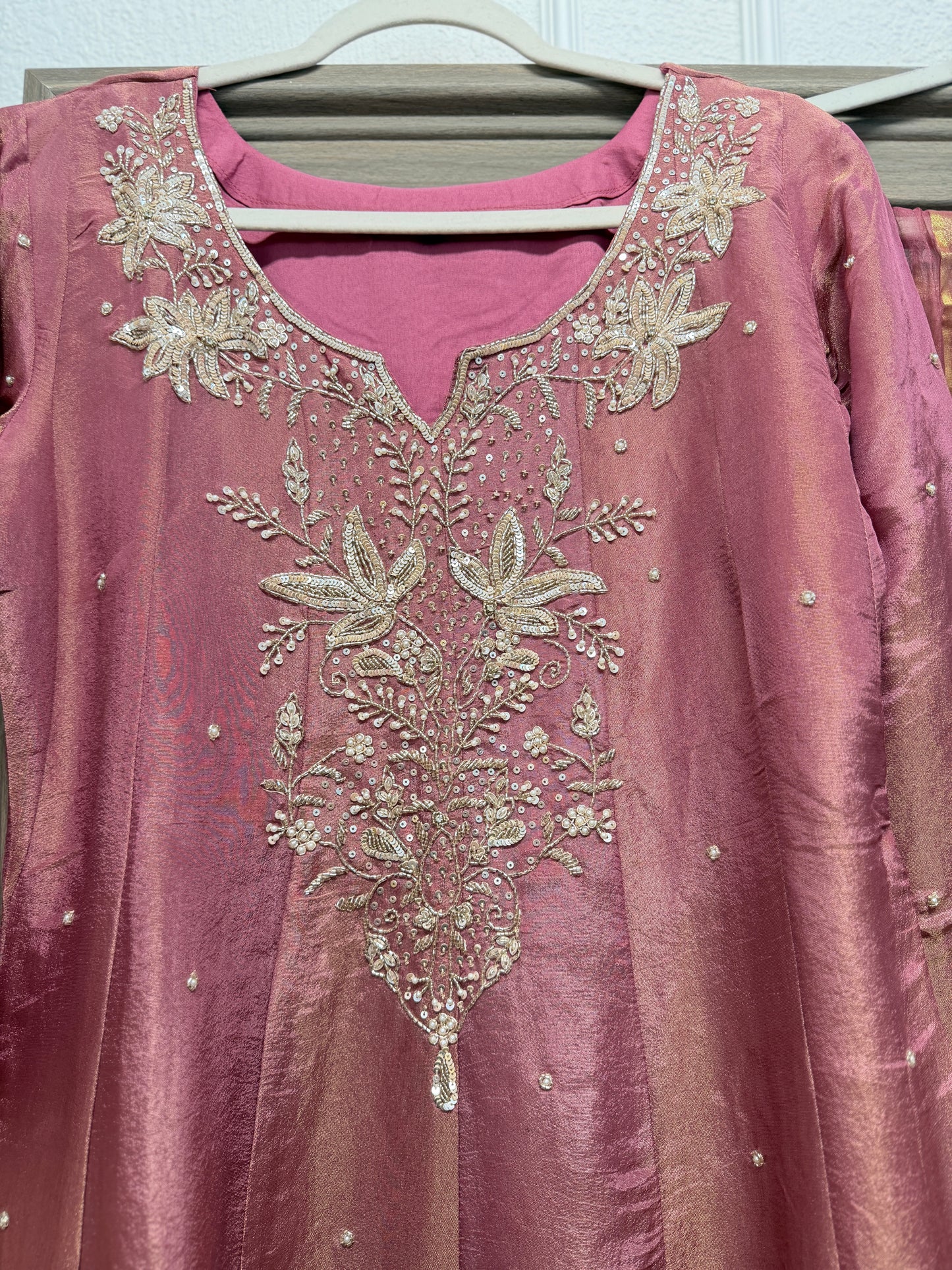 Pink super elegant handwork tissue anarkali kurta set