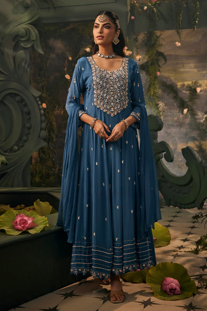 Teal blue pure chinnon hwavy handwork anarkali kurta set