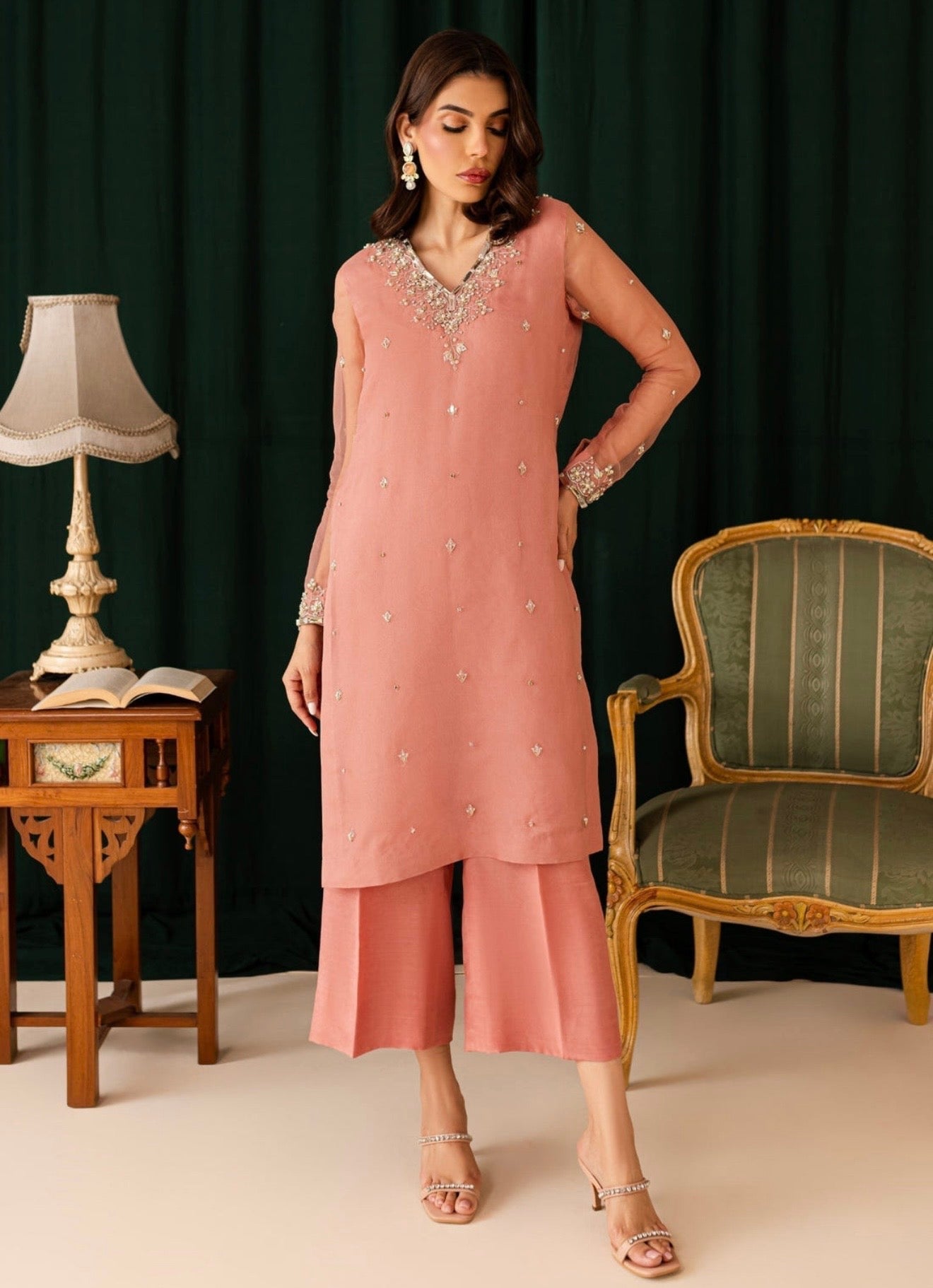 Peachish pink elegant handwork suit