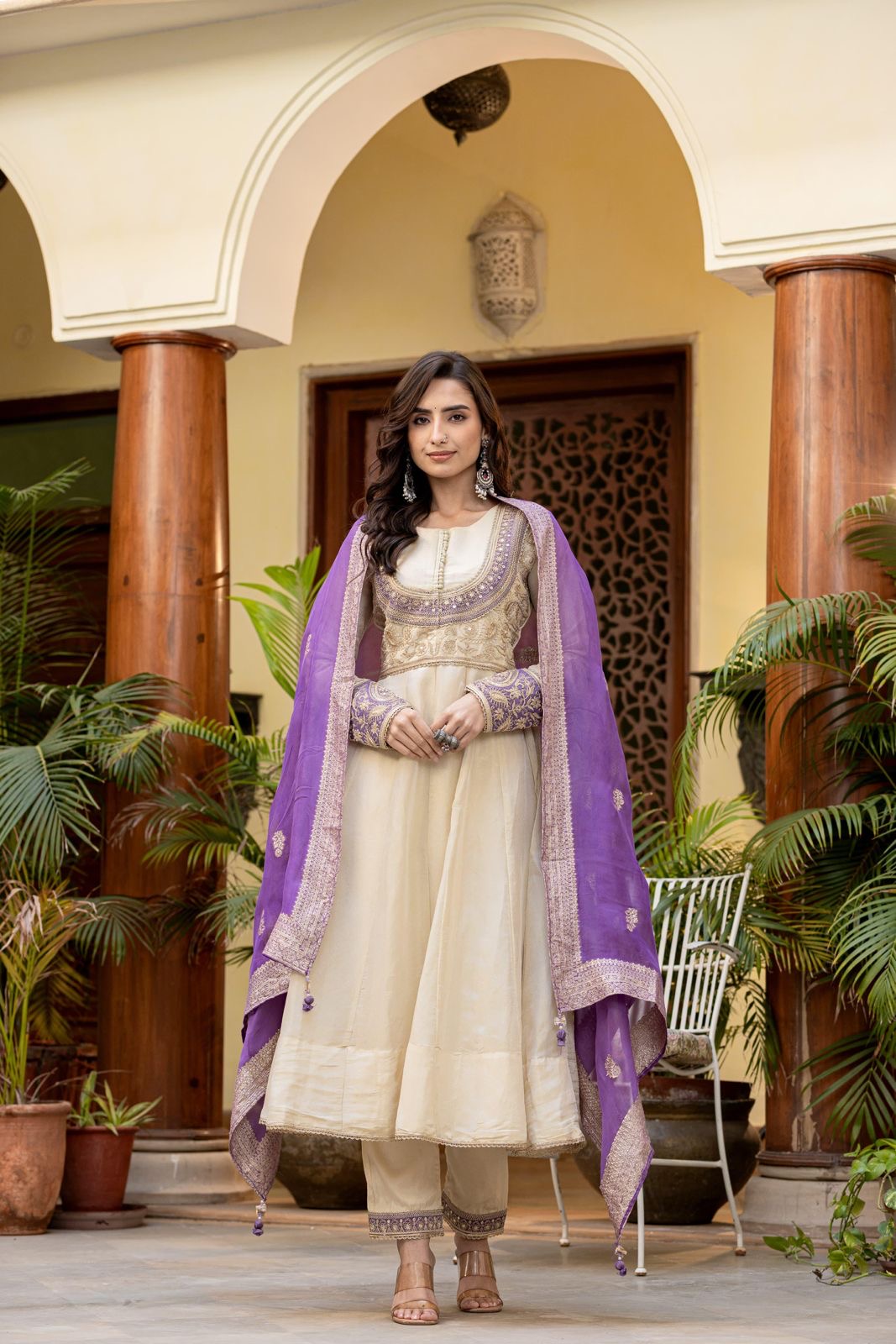 Off white and purple beautiful anarkali kurta set