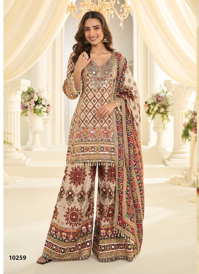 White with multicolor natural crepe sharara suit