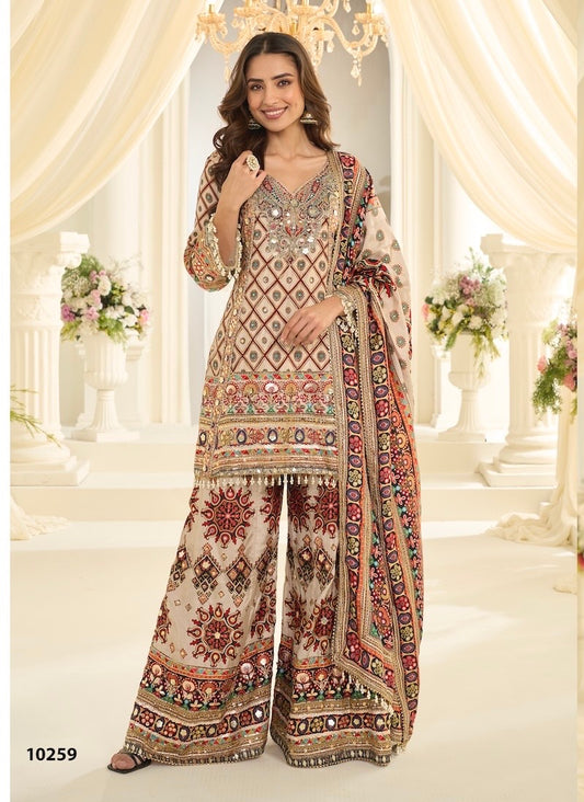 White with multicolor natural crepe sharara suit