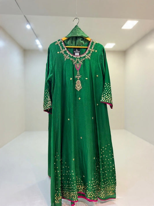 Green heavy jardoshi work silk anarkali kurta set tissue dupatta