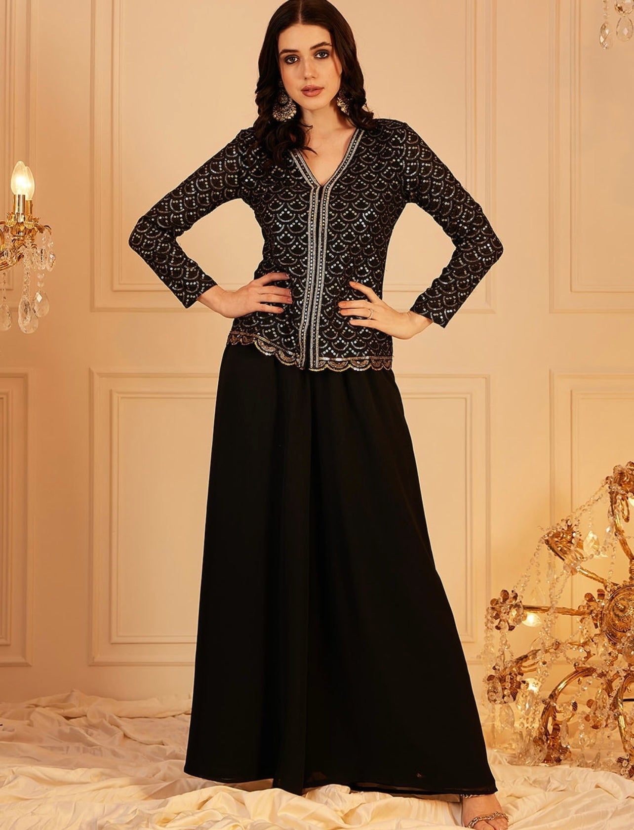 Black elegant sequence work short top palazzo set – Indi Ethnics