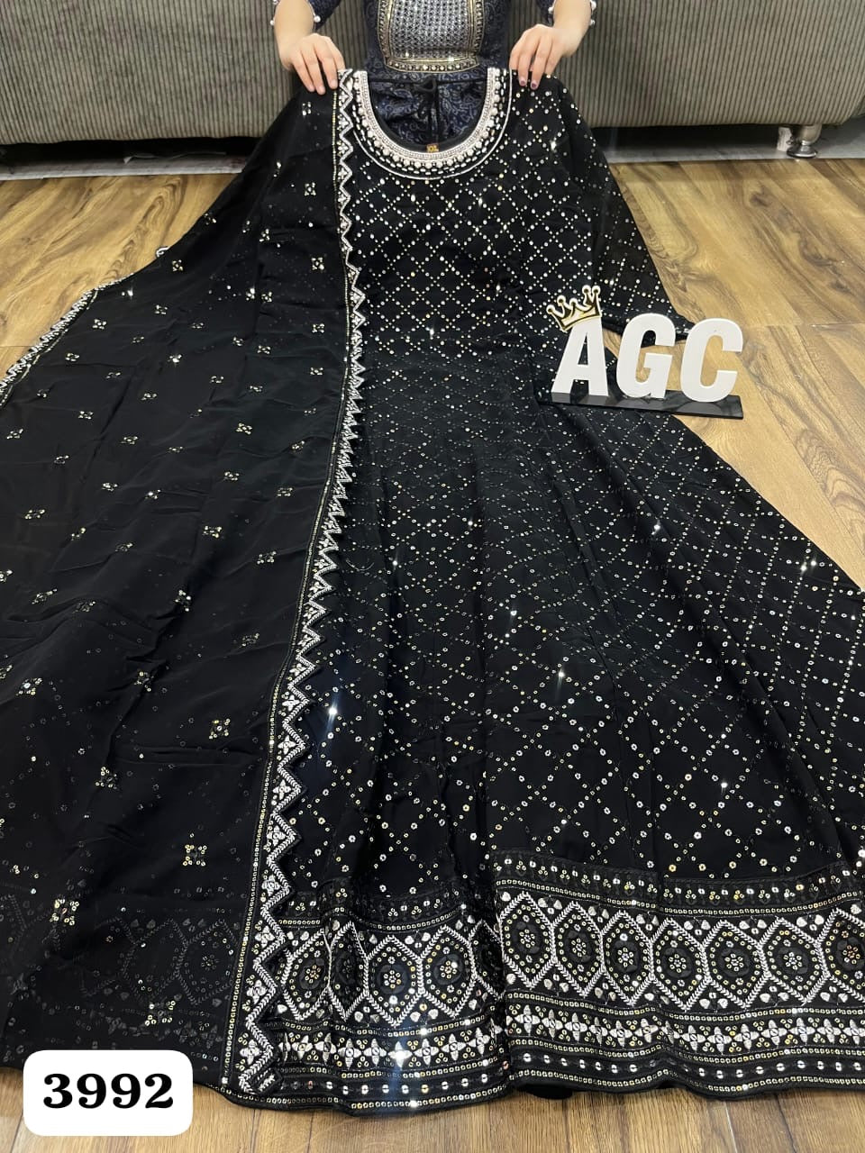 Black georgette heavy sequence work anarkali kurta set