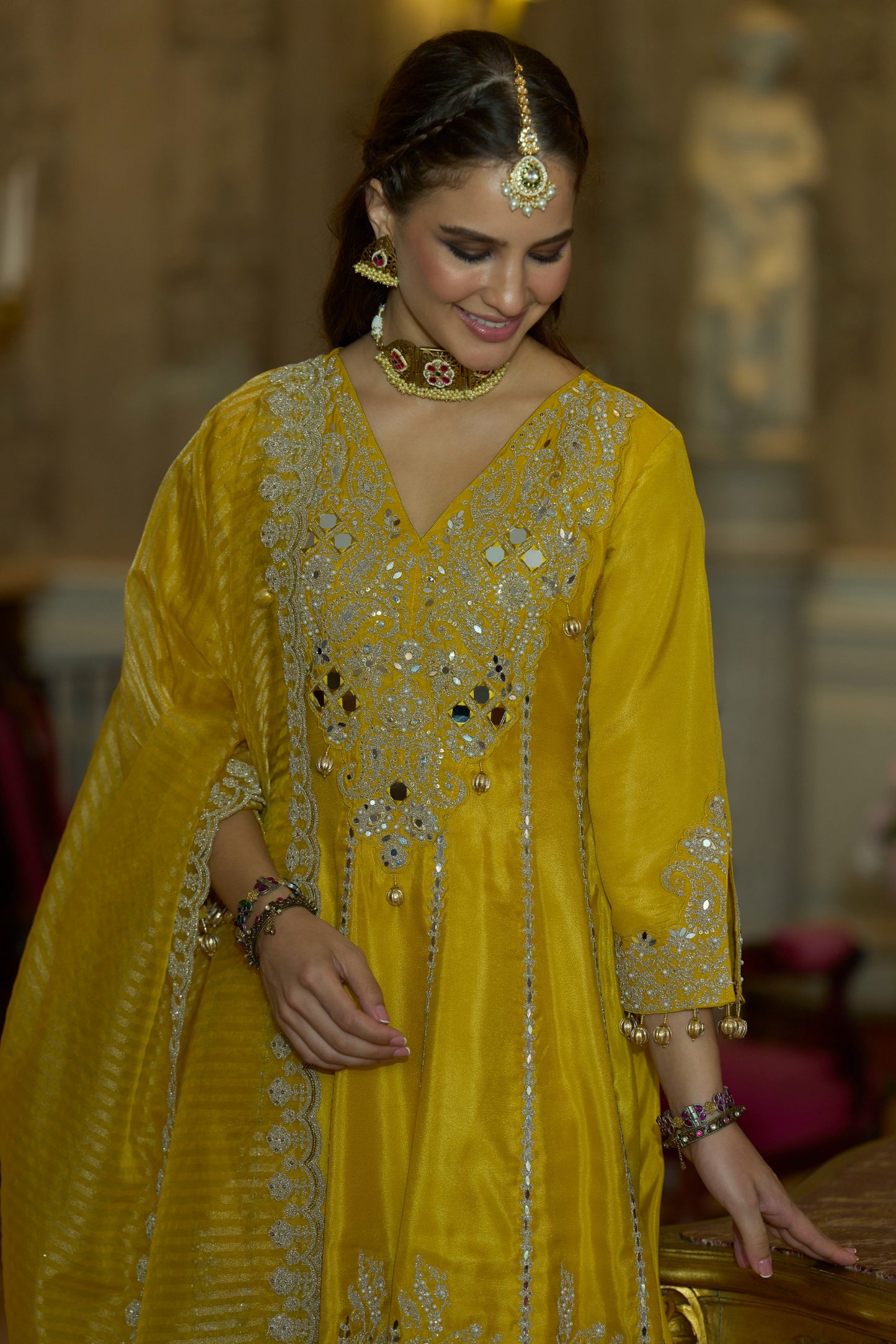 Yellow mirror work short anarkali kurta swt