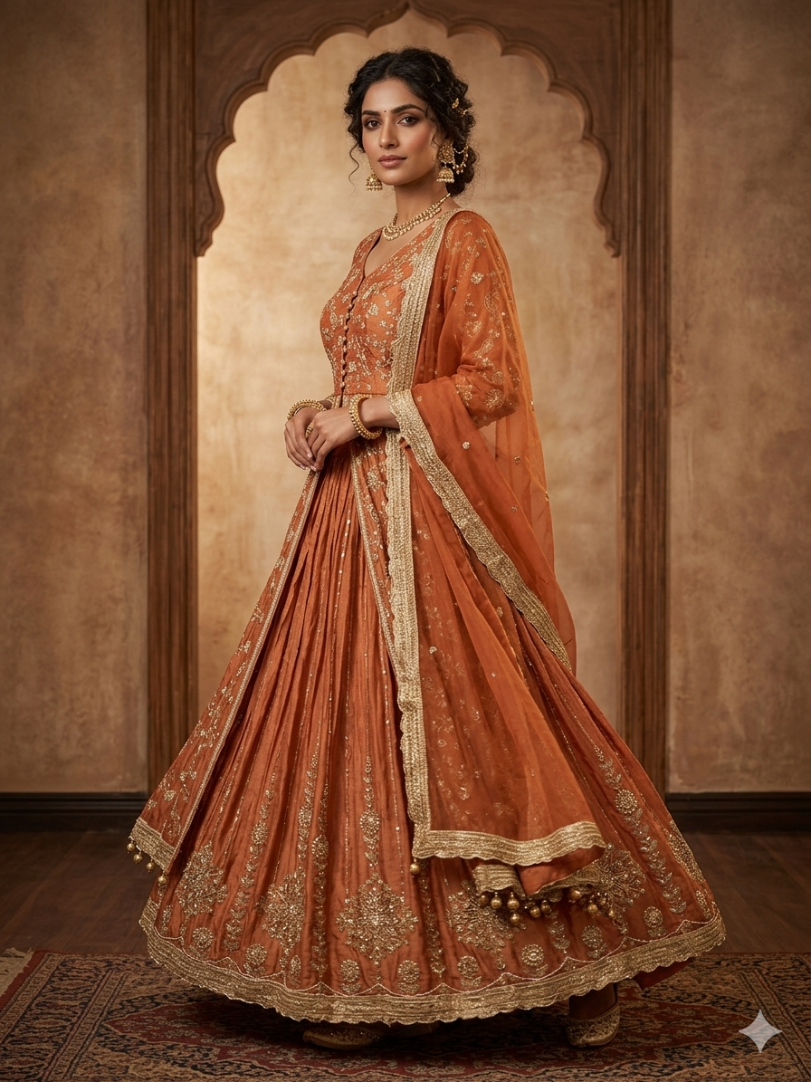 Rust Orange Heavy all over work handwork lehenga skirt dupatta