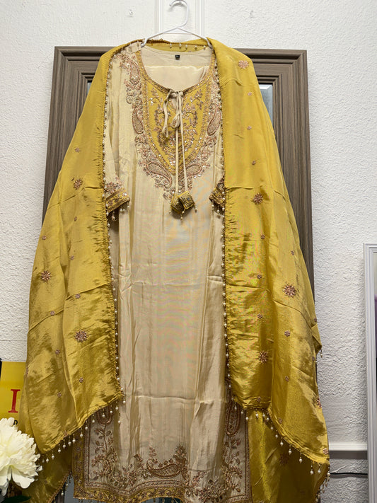 Yellow and off white heavy handwork suit