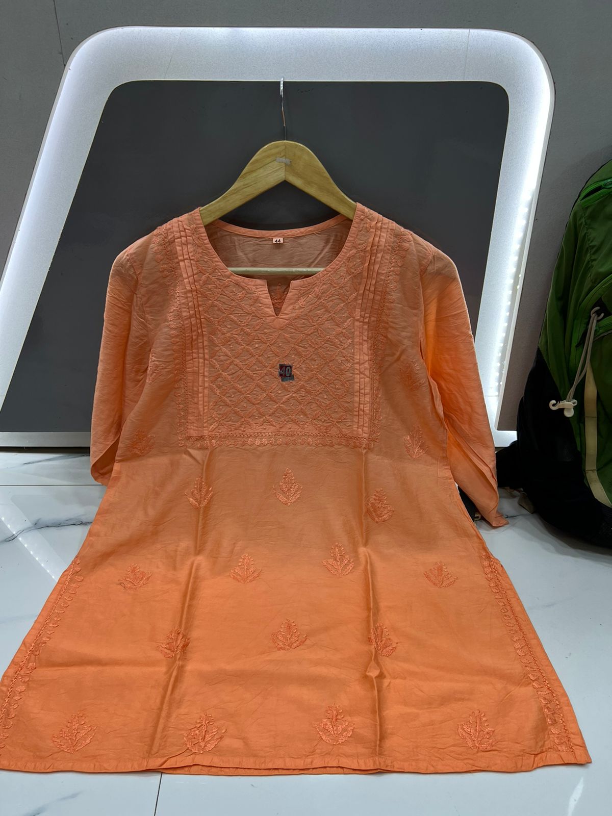 Orange Chanderi Chikankari Short Kurti