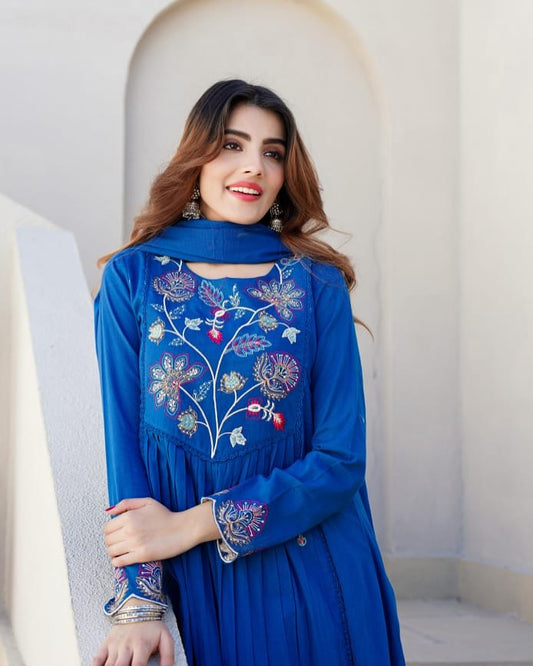 Peacock Blue beautiful embroidered mul cotton A line kurta set