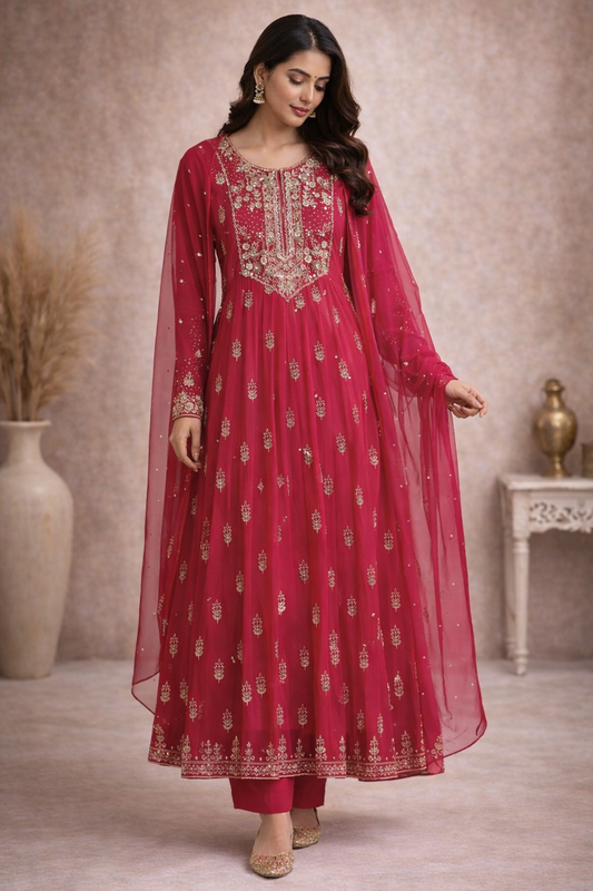 Pink red handwork anarkali kurta set