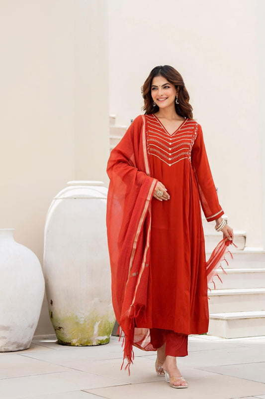 Rust Pure mul chanderi handwork yoke suit