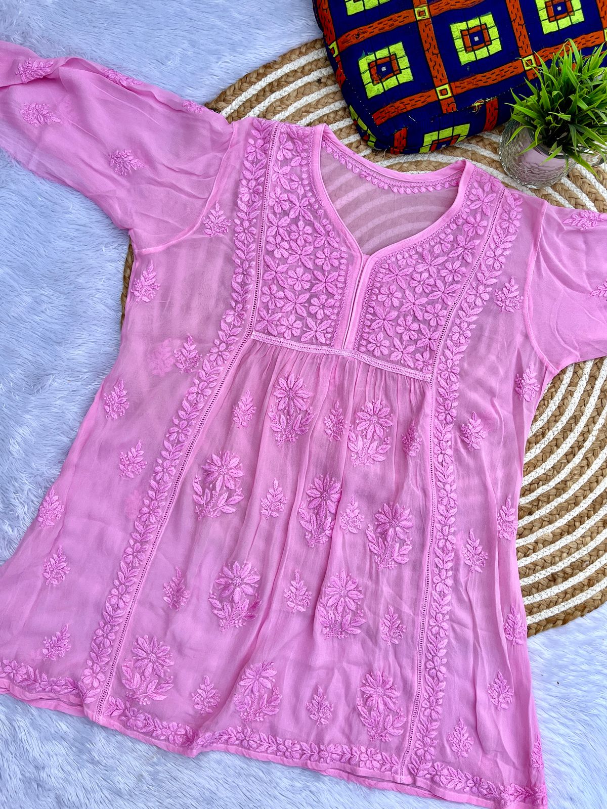 Premium viscose Chikankari 3D short anarkali kurt