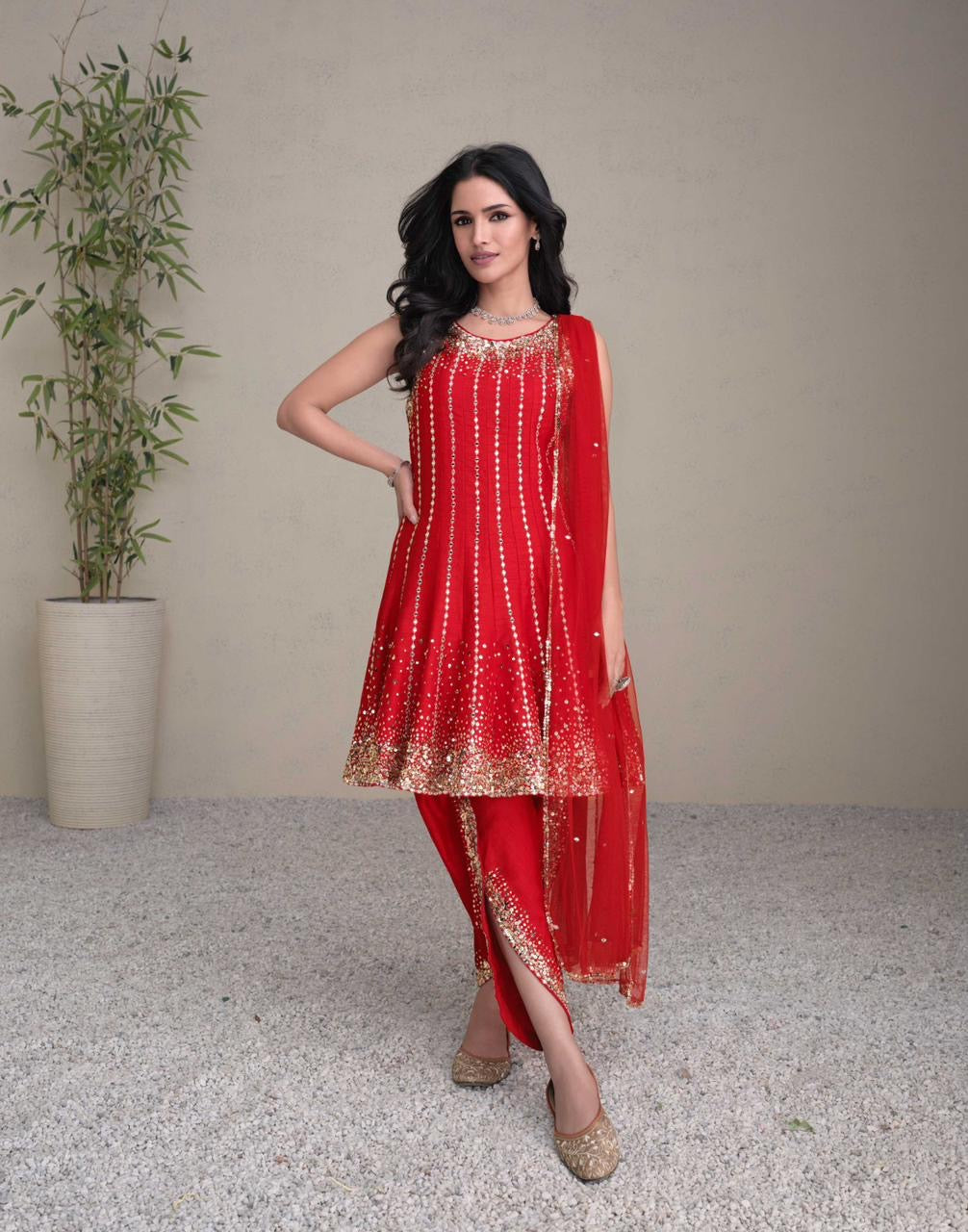 Red Heavy sequence work partywear peplum top and salwar set