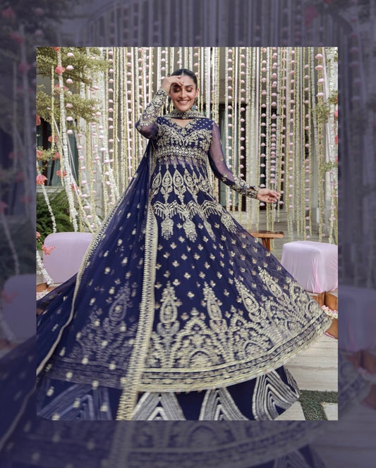 Navy blue heavily embroidered lehenga