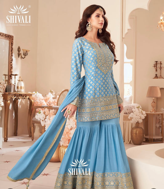 Aqua blue stunning heavy work partywear sharara suit
