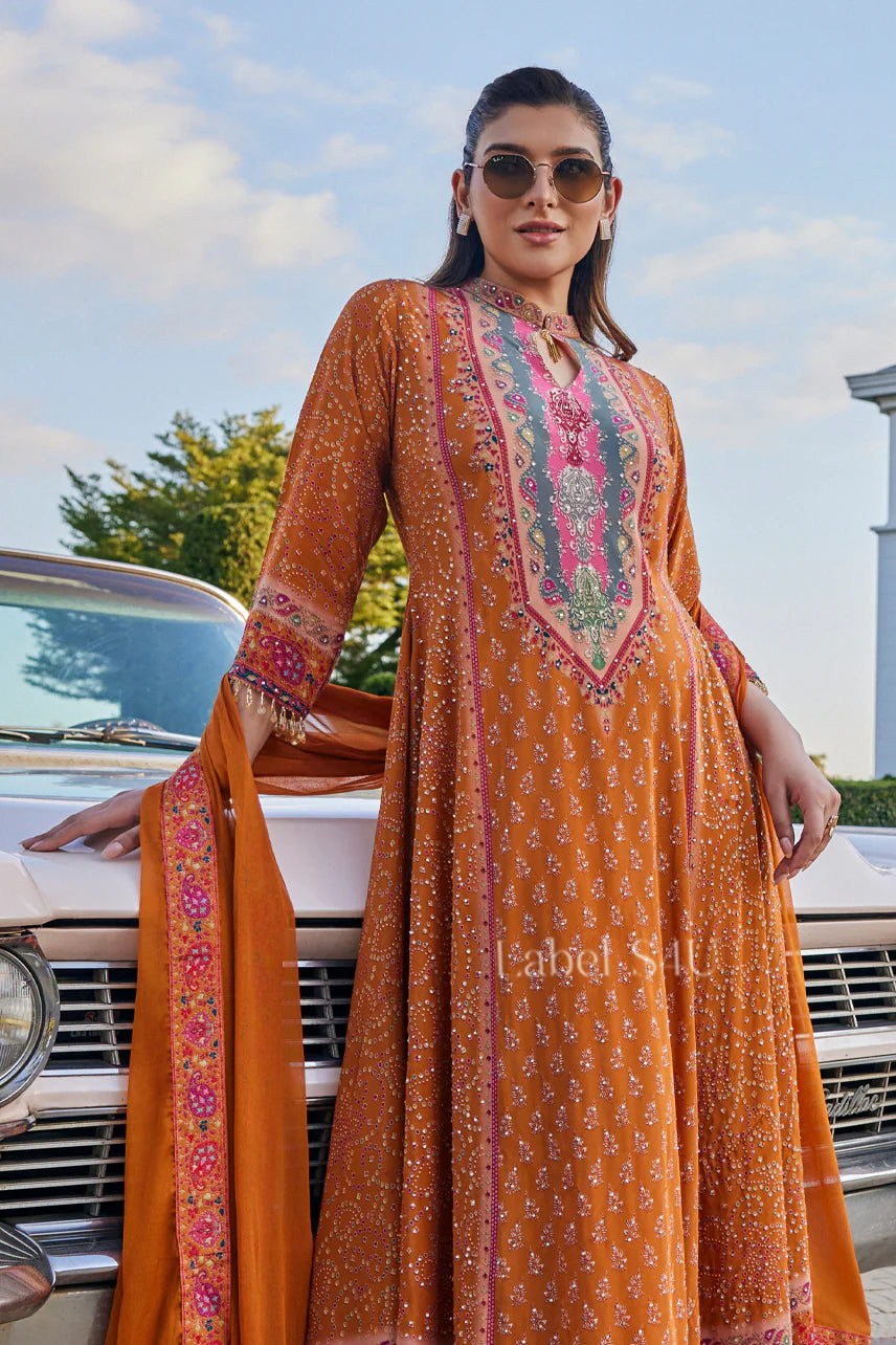 Orange crepe high neck long suit