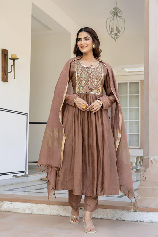 Beige pure mul chanderi heavy handwork yoke suit