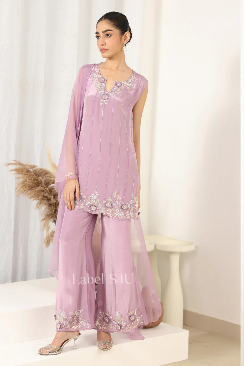 Lavender pure crepe stylish handwork palazzo suit sleeveless