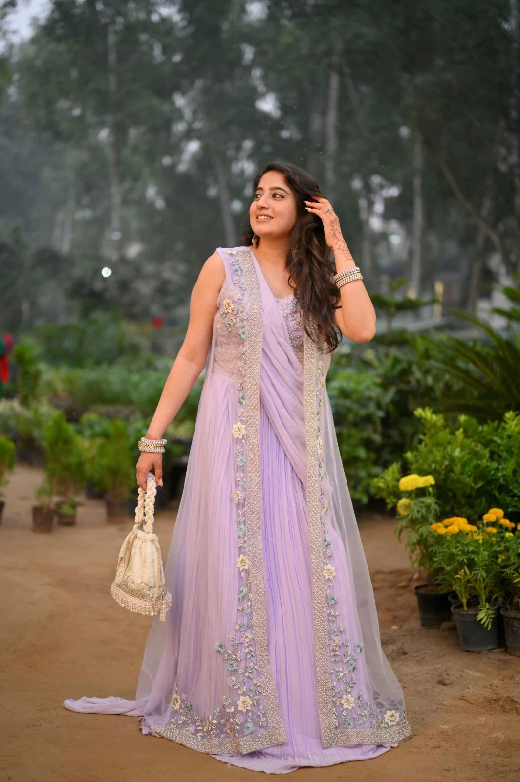 Lavender heavy handwork drape style indo western lehenga