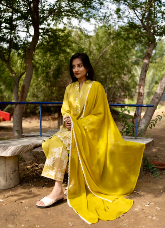 Yellow beautiful pakistani style embroidered shirt and pants set