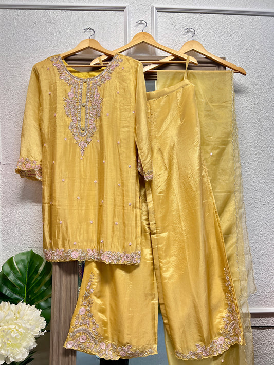 Lemon yellow pure shimmer tissue heavy handwork palazzo suit