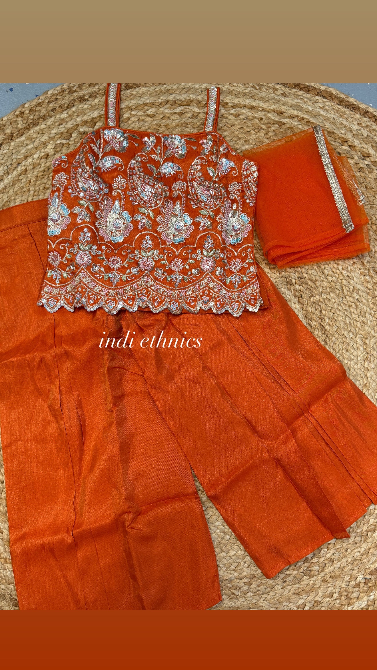 Kids girls burnt orange handwork short top palazzo dupatta