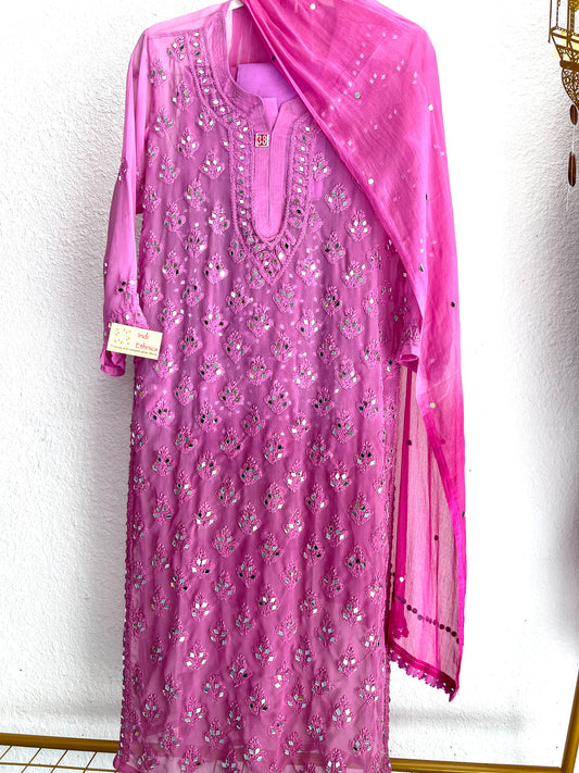 Hot Pink ombre heavy mirror chikankari suit