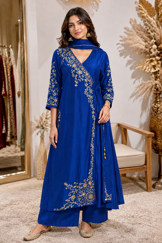Blue heavy handwork pure dola silk angrakha anarkali suit