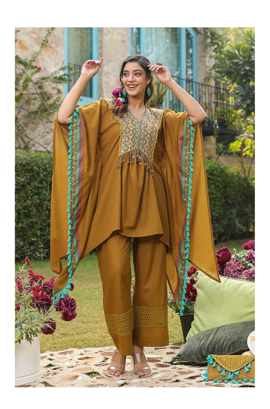 Mustard Brown heavy embroidered and tassels kaftan set