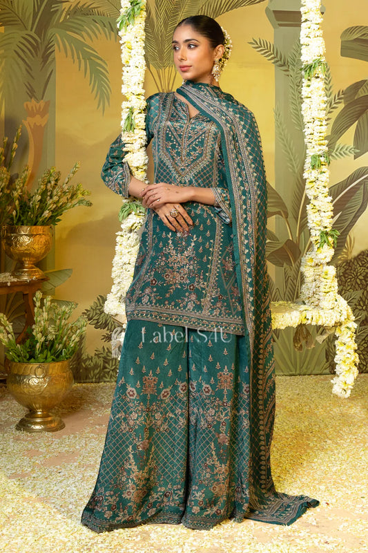 Teal green pure crepe sharara suit