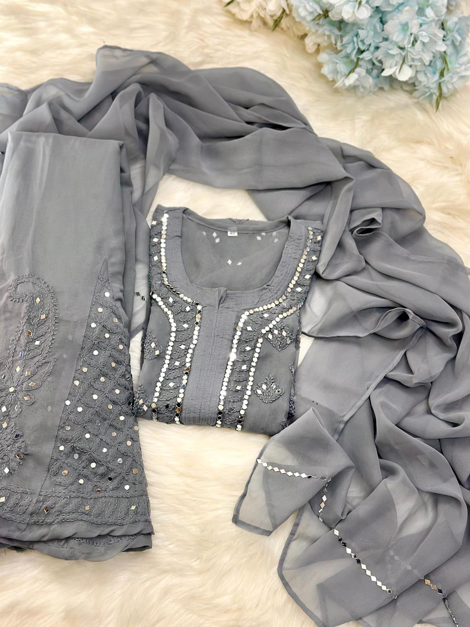 Grey mirror work chikankari suit