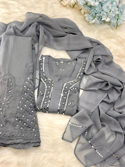 Grey mirror work chikankari suit