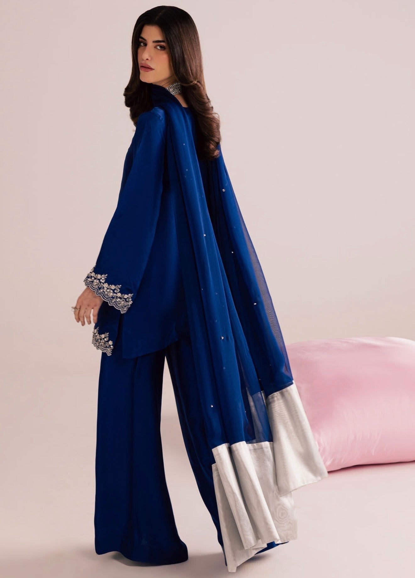 Blue designer handwork short top palazzo set