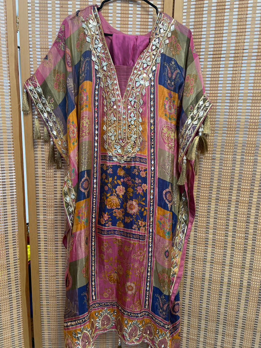 Pink and blue beautiful crepe kaftan with straight pants