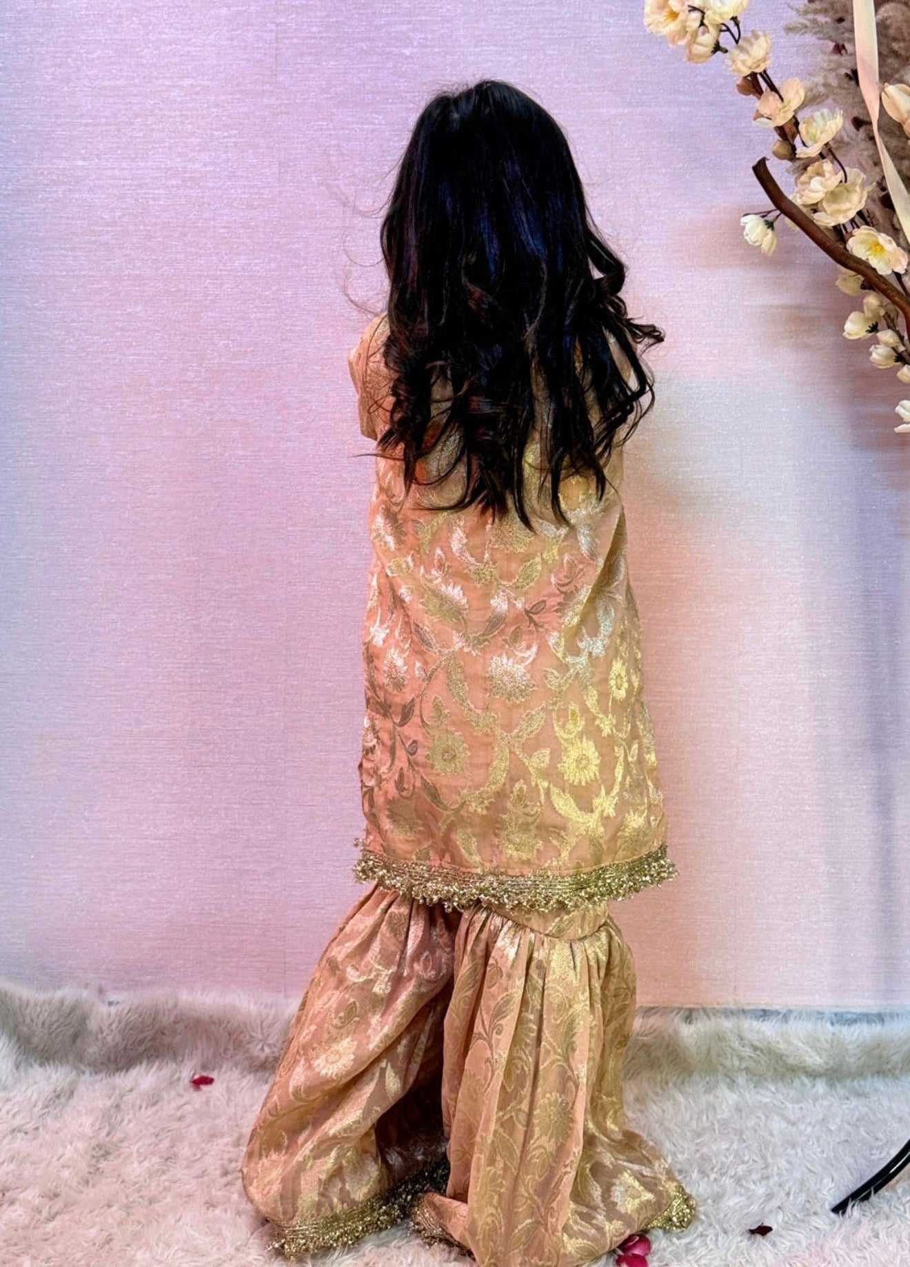 Girls Peach and gold 3 pc sharara suit