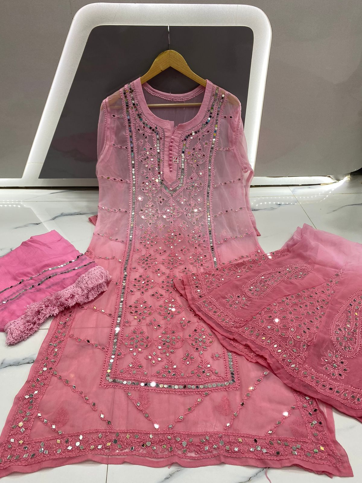 Pink Lucknowi Ombre Mirror Kurta set