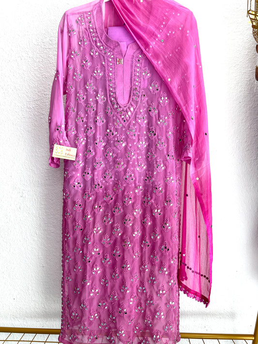 Hot Pink ombre heavy mirror chikankari suit