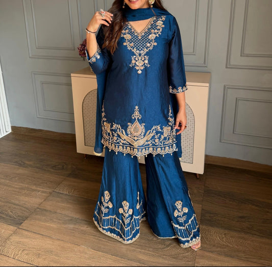 Blue beautiful handwork sharara suit