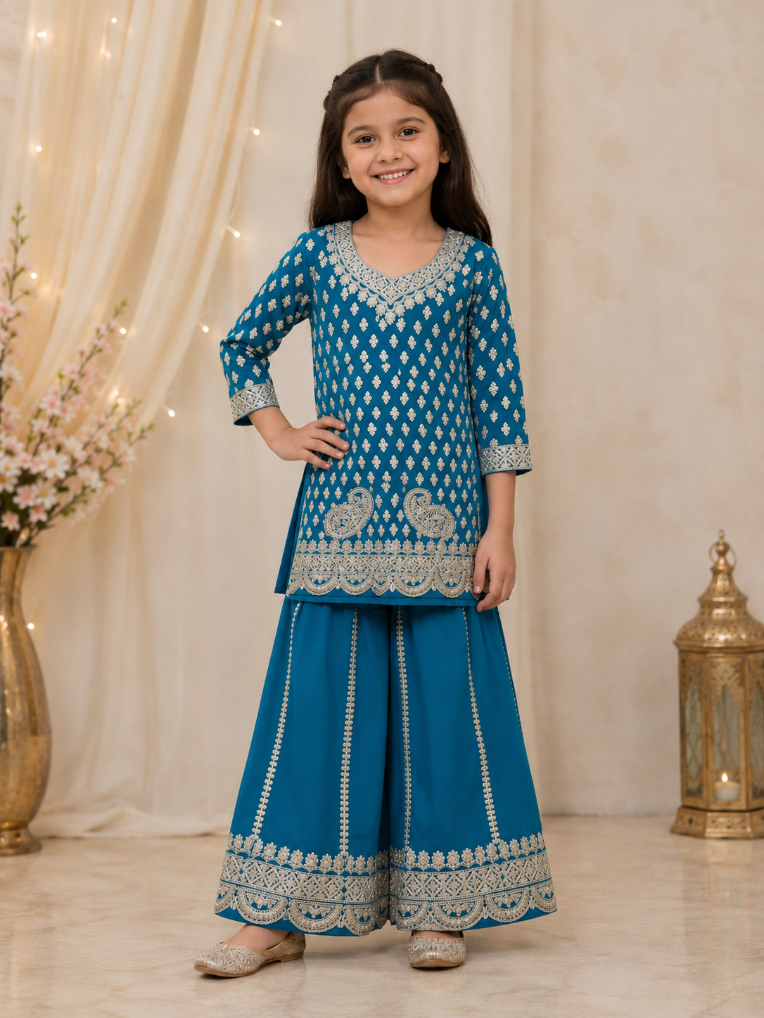 Girls Teal blue heavy sharara suit