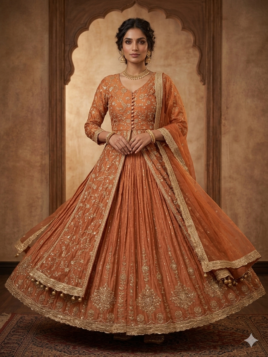 Rust Orange Heavy all over work handwork lehenga skirt dupatta