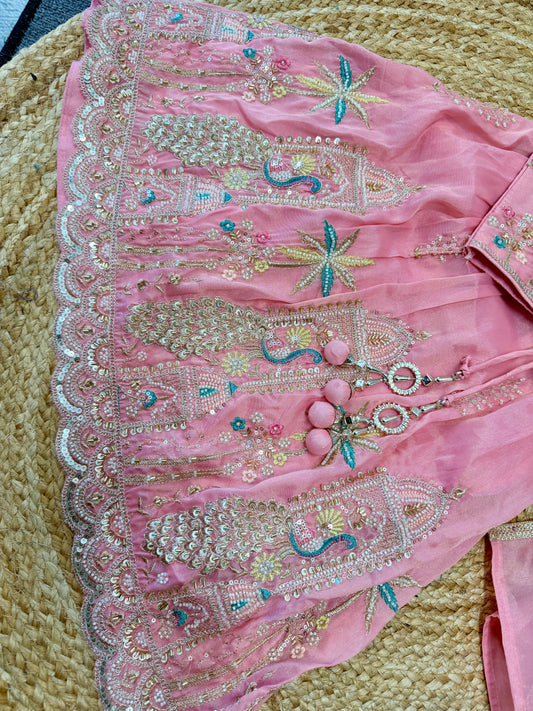 Kids Peachish pink handwork lehenga