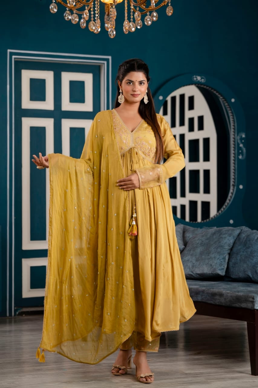 Yellow zari and sequin work alia cut kurta set