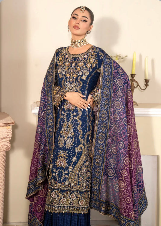 Blue heavy handwork wedding wear sharara suit