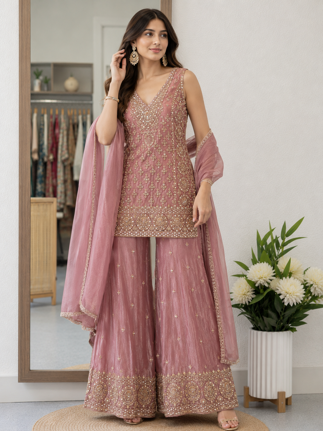Dusty pink elegant fendy tissue sharara suit (sleeve cloth given)