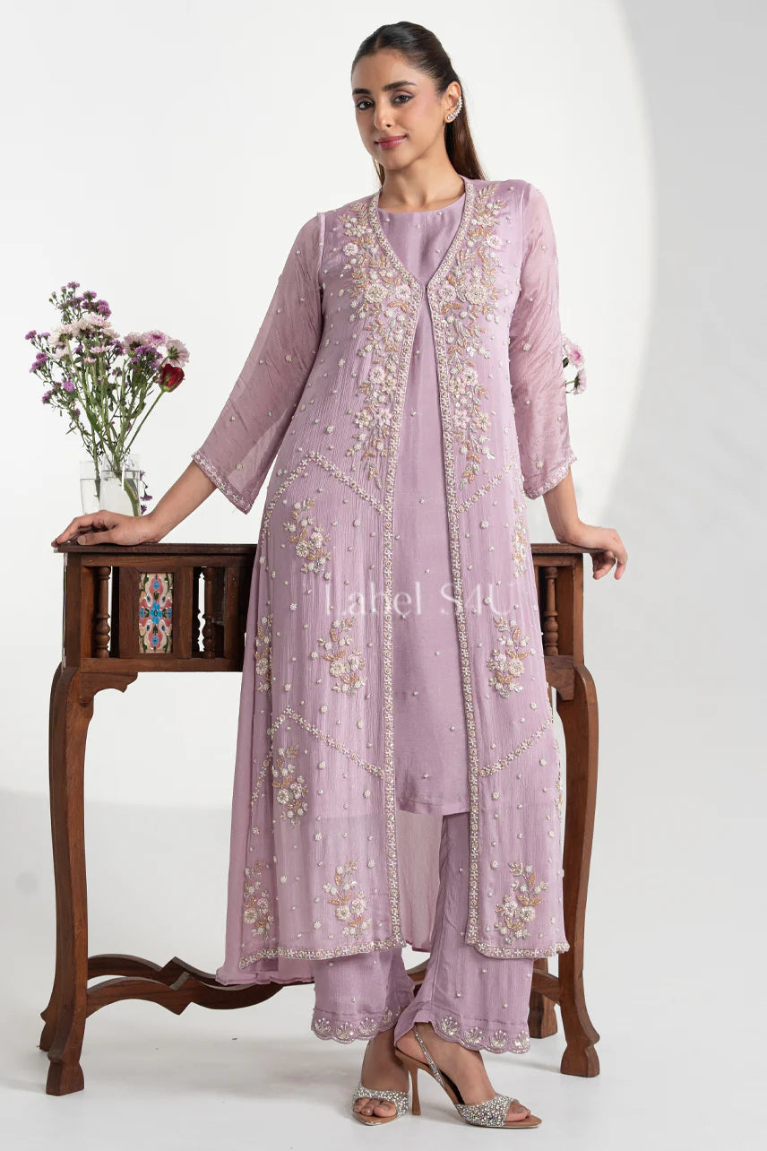 Lavender heavy handwork front slit suit