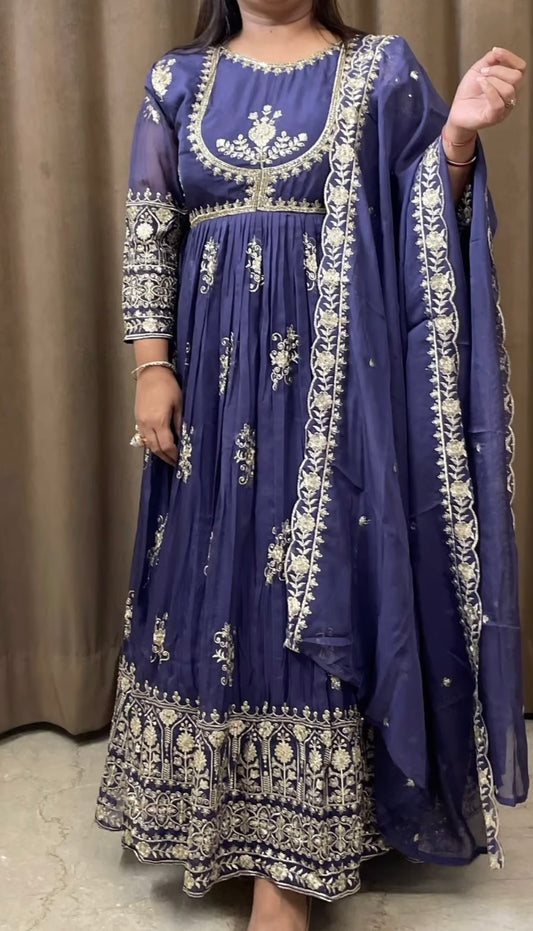 Purplish blue all over work anarkali gown with dupatta