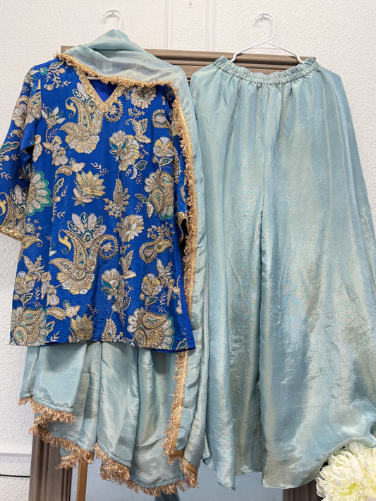Stunning blue silk sharara suit with tissue sharara and dupatta